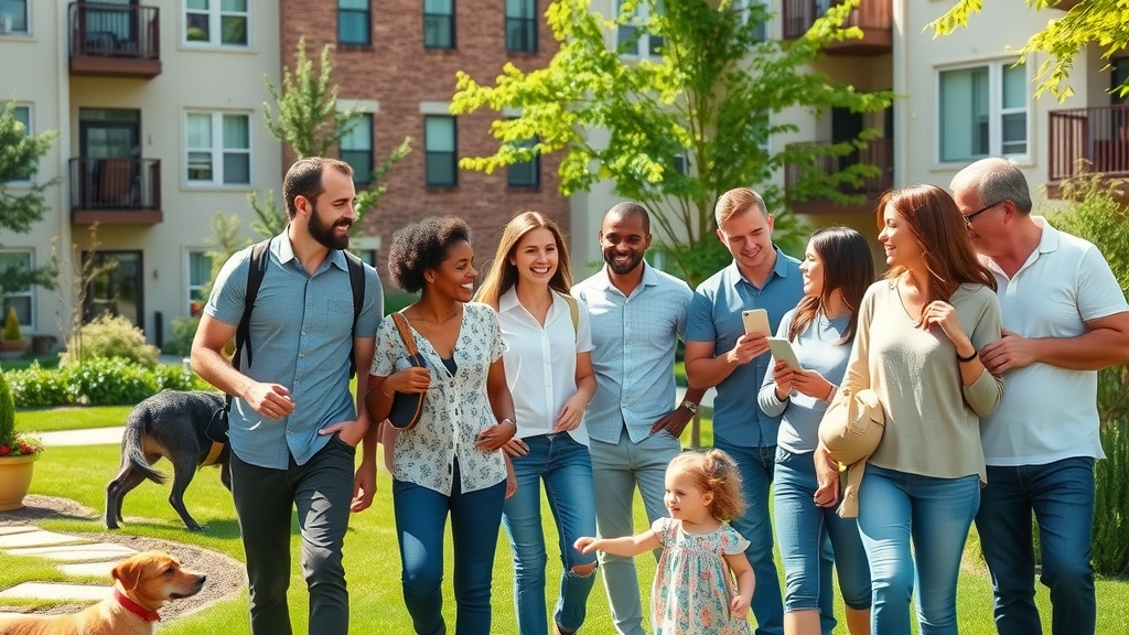 group of diverse young professionals and families touring apartment neighborhood in Charlotte NC, friendly interactions, green courtyards, attractive apartment buildings, sunny day