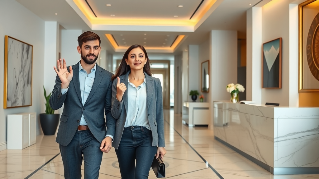 Young professional couple touring a luxury apartment lobby in Charlotte, impressed with friendly concierge and upscale décor