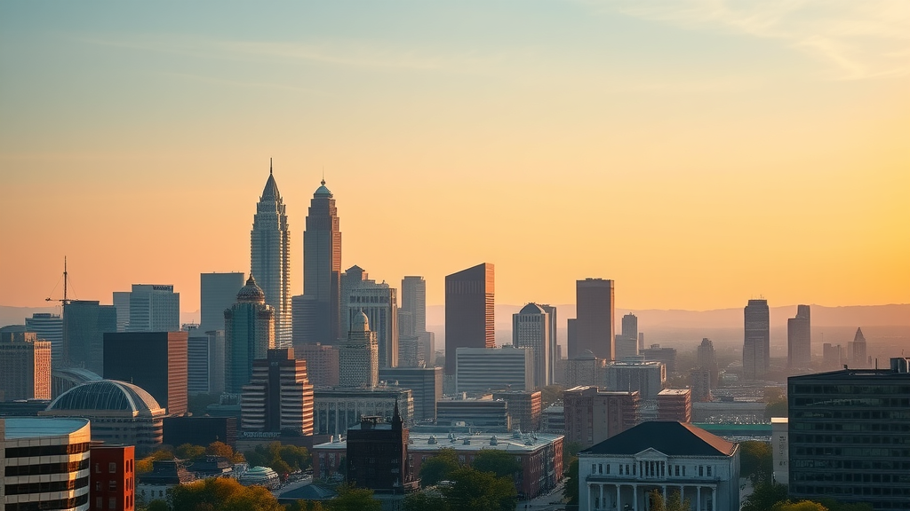 vibrant Charlotte skyline, bustling cityscape, sunrise glow, Charlotte rental market, modern skyscrapers in the city background