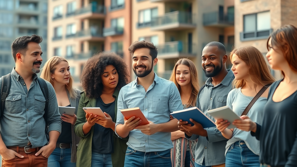Diverse renters touring Charlotte apartment buildings, comparing amenities like gyms and green spaces, modern and historic backgrounds, vibrant group, midday sunlight.