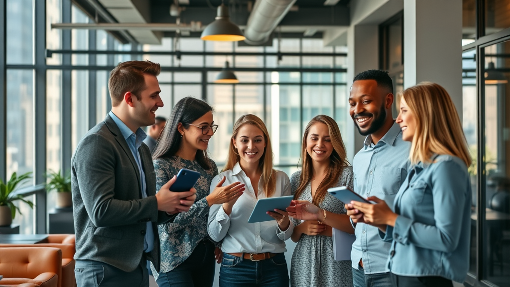 young professionals in a stylish Charlotte co-working space, collaborating and networking, modern Queen City views, tech features, urban living charlotte.