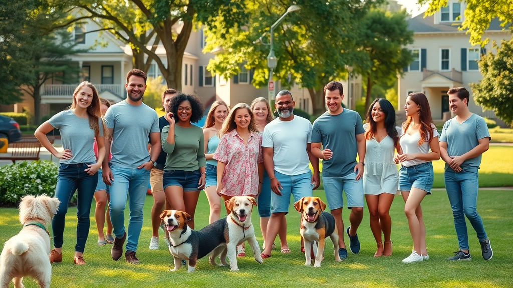 friendly diverse group in a Charlotte neighborhood park, living in charlotte neighborhoods, trees, historic homes in background, high fidelity, afternoon light