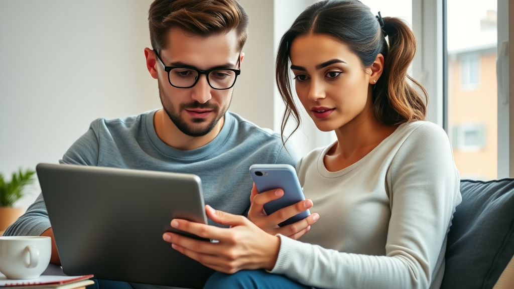 young couple searching affordable apartments in Charlotte using laptop and phone, determined expressions