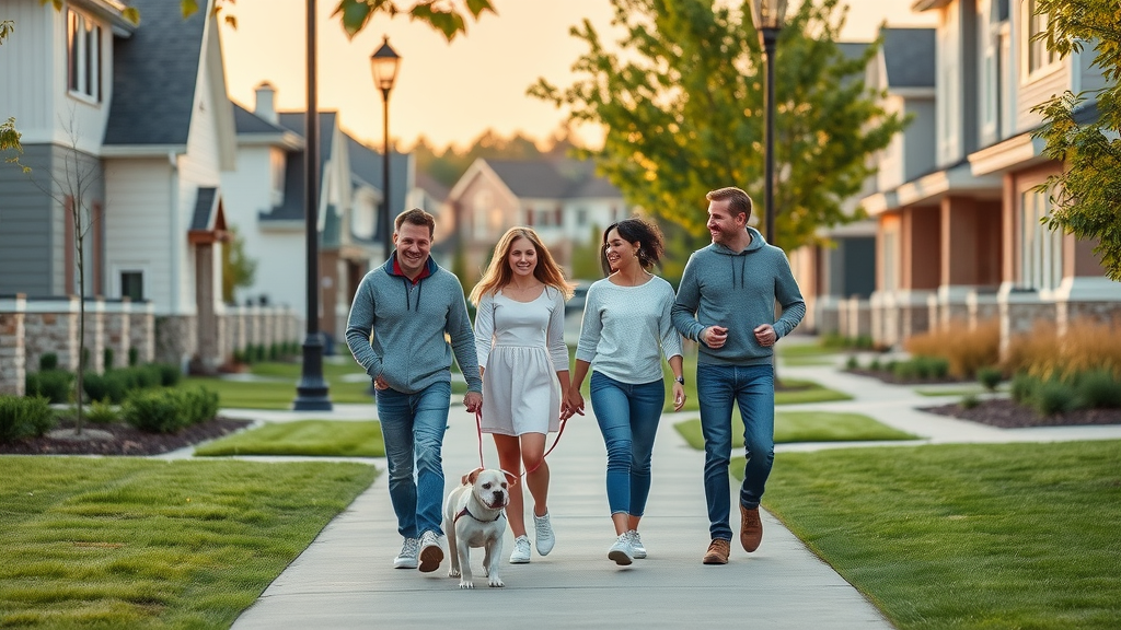 modern family neighborhood in Ballantyne West, family-friendly neighborhoods charlotte, happy family and dog, landscaped lawn, modern homes