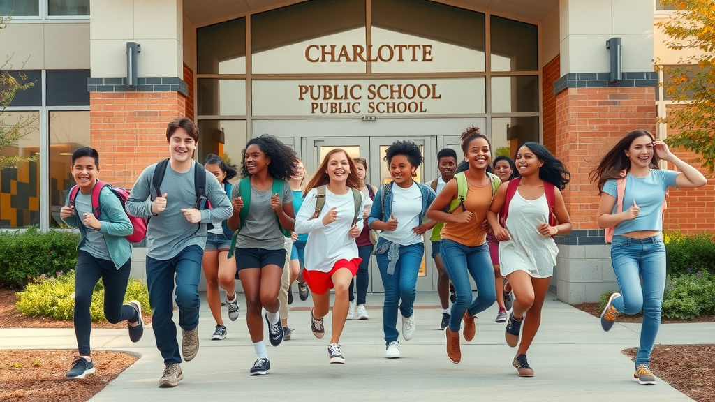 Modern public school in safest neighborhoods in Charlotte with happy students