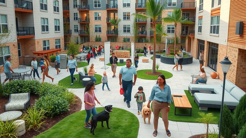 amenity-filled apartment complex courtyard with lounge seating, green spaces, dog park, children playing, affordable arts district apartments charlotte, art installations, morning sunlight