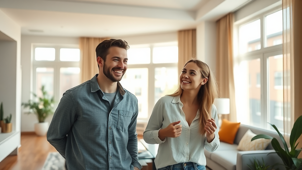 charlotte nc apartment listings inviting apartment interior, sunlit contemporary Charlotte apartment, modern furnishings, large windows, smiling couple, photorealistic, soft homey textures