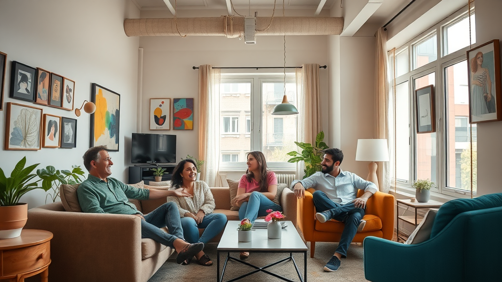 inviting apartment interior with artistic decor, natural light, modern living space, affordable arts district apartments charlotte, large windows, colorful furnishings