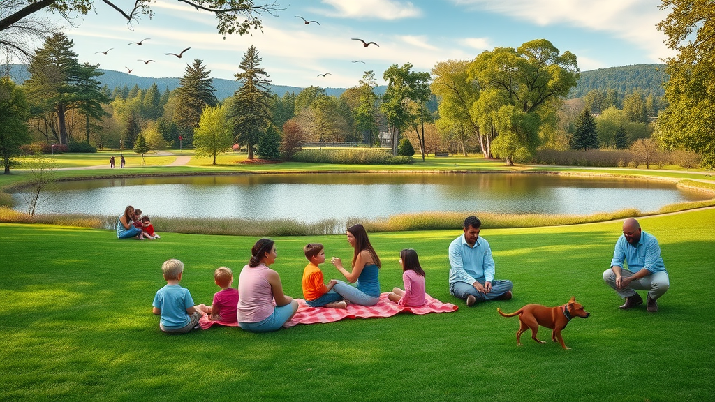 panoramic view of Freedom Park, top residential areas charlotte, families picnicking, jogging trails, scenic lake