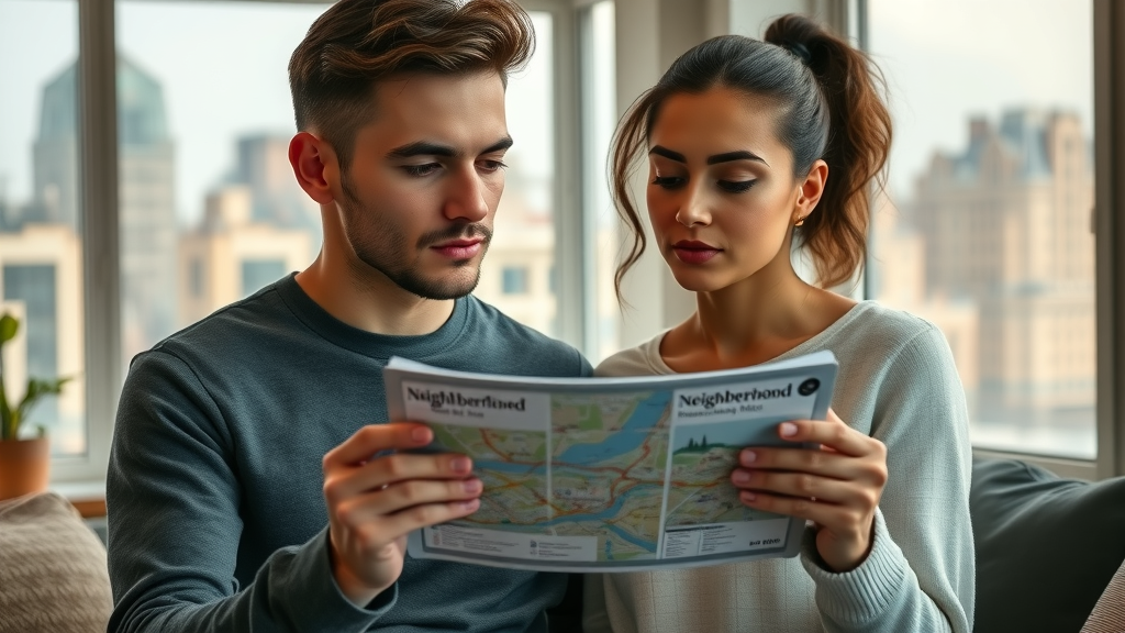 thoughtful couple reviewing charlotte neighborhoods maps and amenities, city apartment background