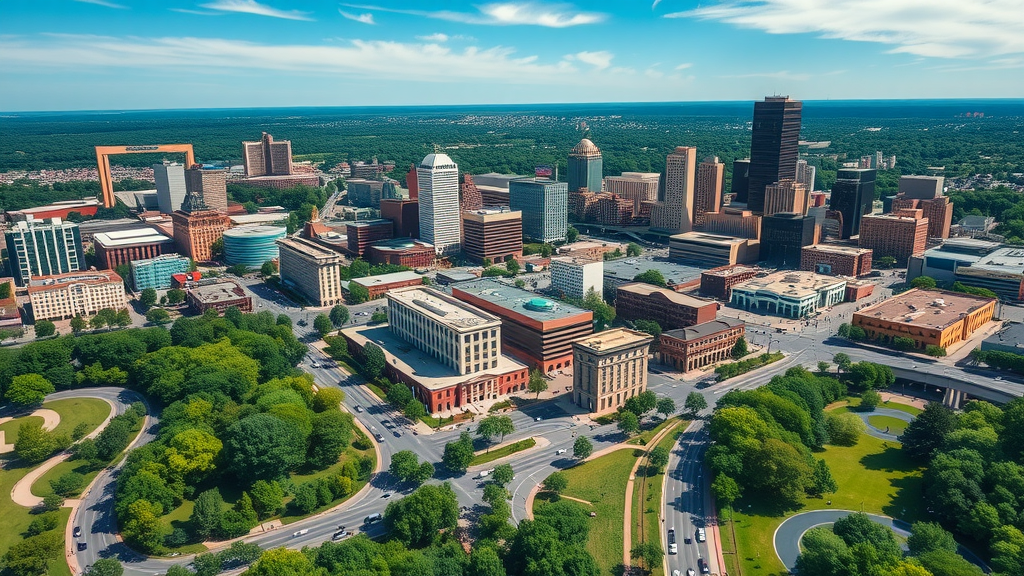 vibrant aerial view of Charlotte skyline, top residential areas charlotte, bustling cityscape, lush green parks, residential zones