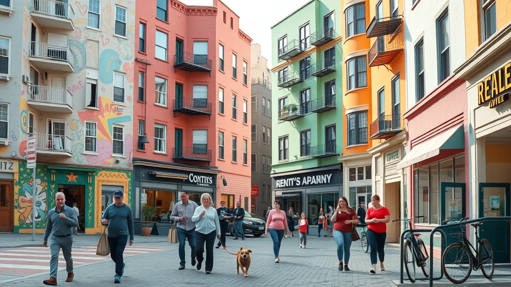 colorful urban apartment buildings with renters in Charlotte arts district - apartments for rent