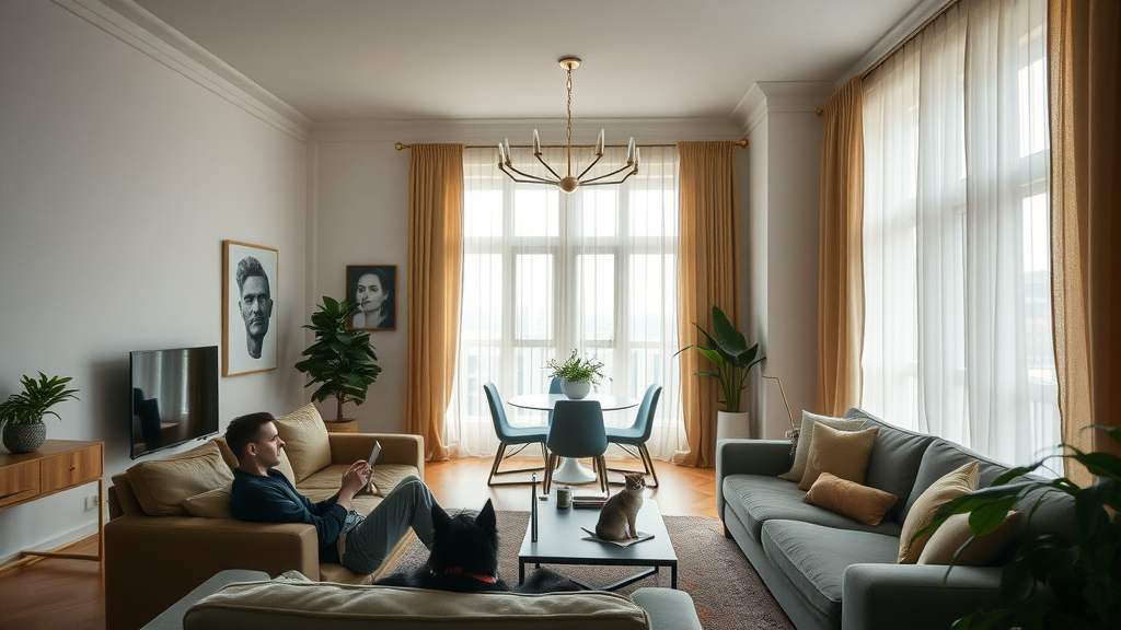 stylish apartment interior, modern and inviting, South End residents relaxing in open-layout living space with natural light and urban décor