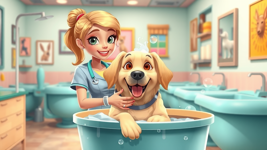 Chic in-building pet grooming lounge, pet owner and golden retriever, colorful and friendly amenities in a luxury apartment facility