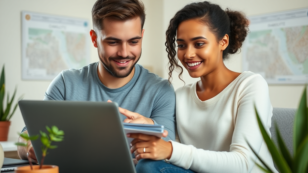 happy young couple planning for future, viewing affordable apartments charlotte nc listings on laptop, contemporary home office with city maps, photorealistic