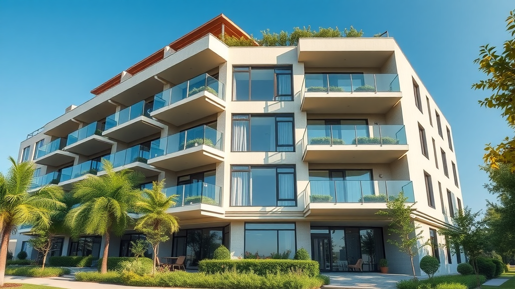 Modern luxury apartment building facade in Charlotte featuring sleek architecture, large balconies, and lush landscaping under a clear blue sky