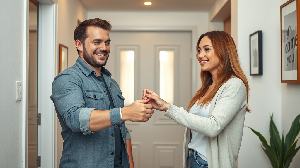 happy couple receiving keys to a modern Charlotte apartment, best apartment deals and promotions