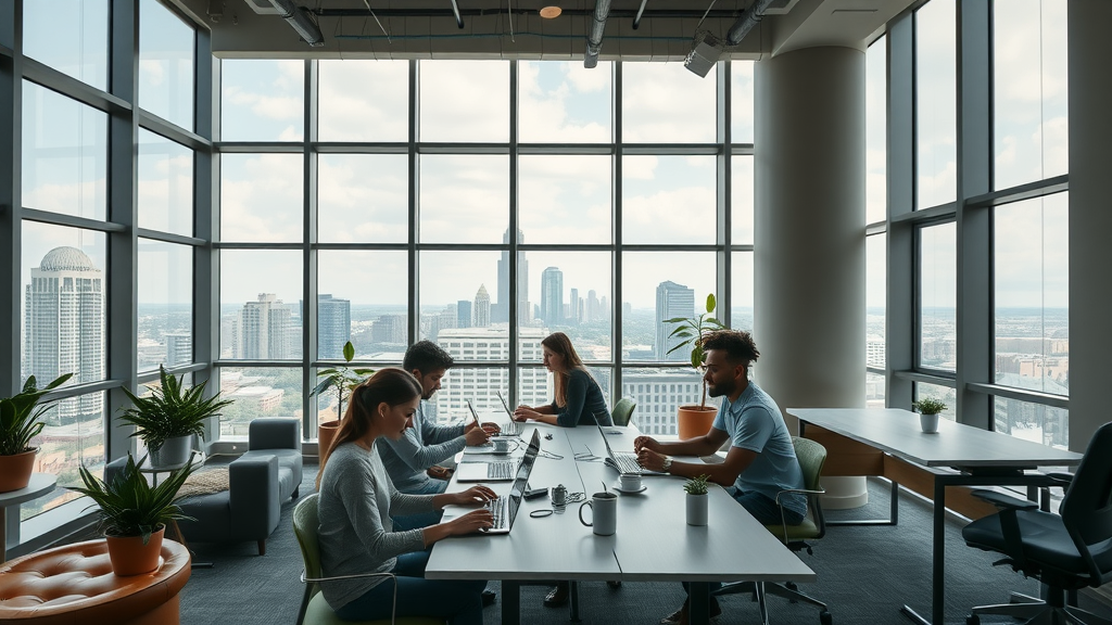 Luxurious coworking space in an upscale Charlotte apartment building, professionals working with skyline views and modern amenities