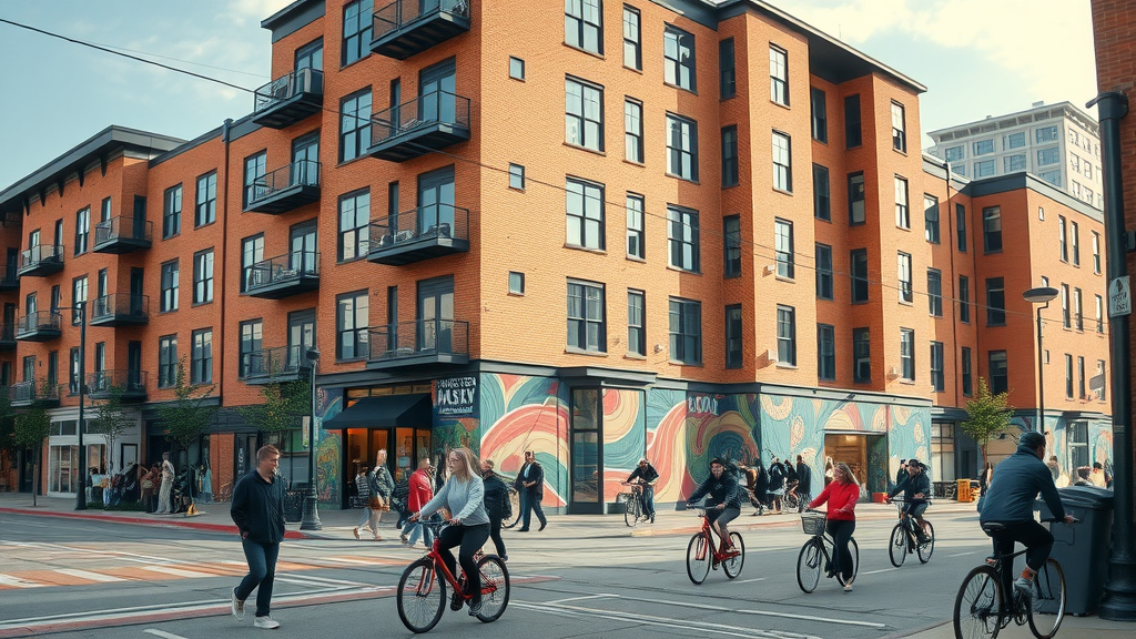 Modern South End Charlotte apartments, bustling street art, and people gathering