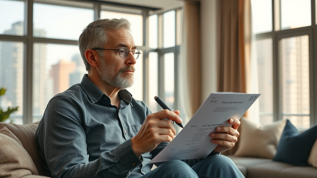 luxury Charlotte apartment resident reviewing apartment amenities checklist in a cozy living room with city views