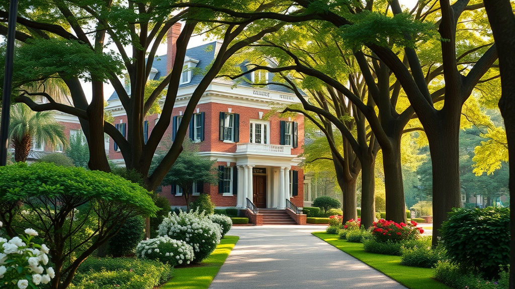 majestic historic mansion along tree-lined street in Myers Park Charlotte, historic charm, elegant neighborhood