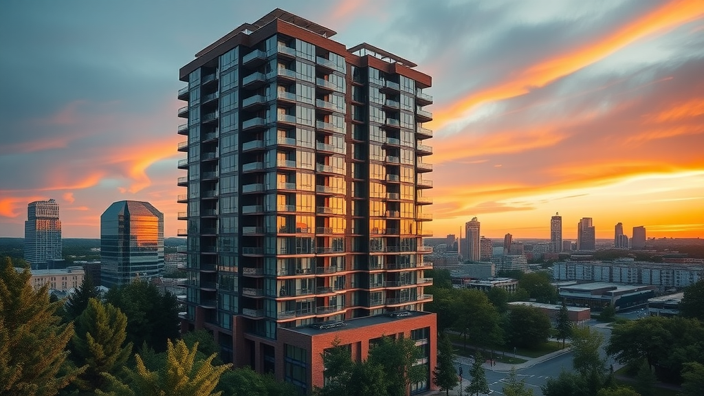 luxury apartments charlotte contemporary high-rise building uptown skyline sunset landscaping