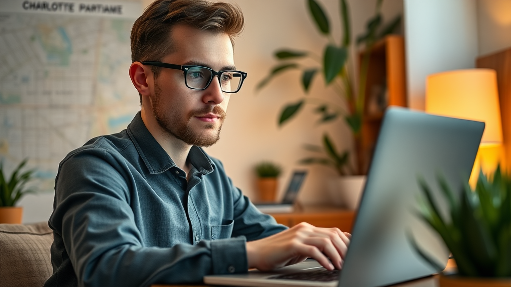 focused apartment hunter browsing affordable apartment listings online, home office, charlotte city map, warm interior lighting