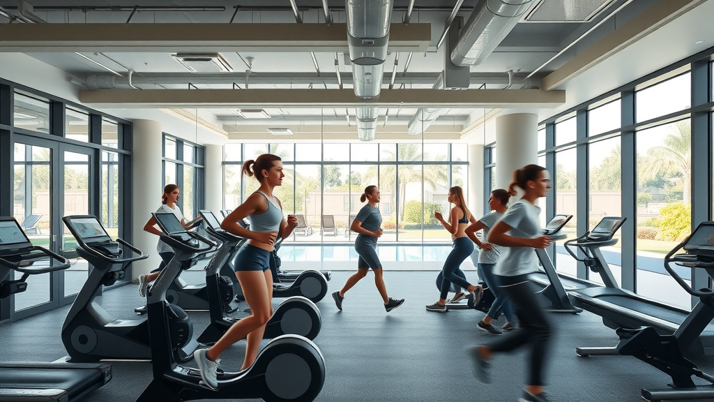 Modern fitness center in a Charlotte apartment with state-of-the-art equipment and pool view