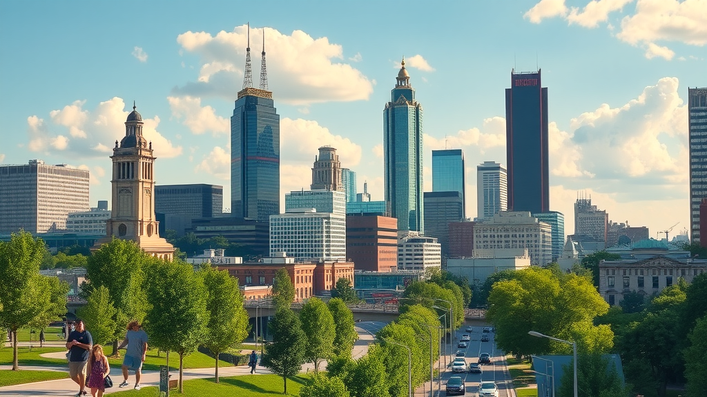 vibrant urban skyline of Charlotte NC featuring high-rise charlotte nc apartments, cityscape, people walking, and lush greenery under bright daylight