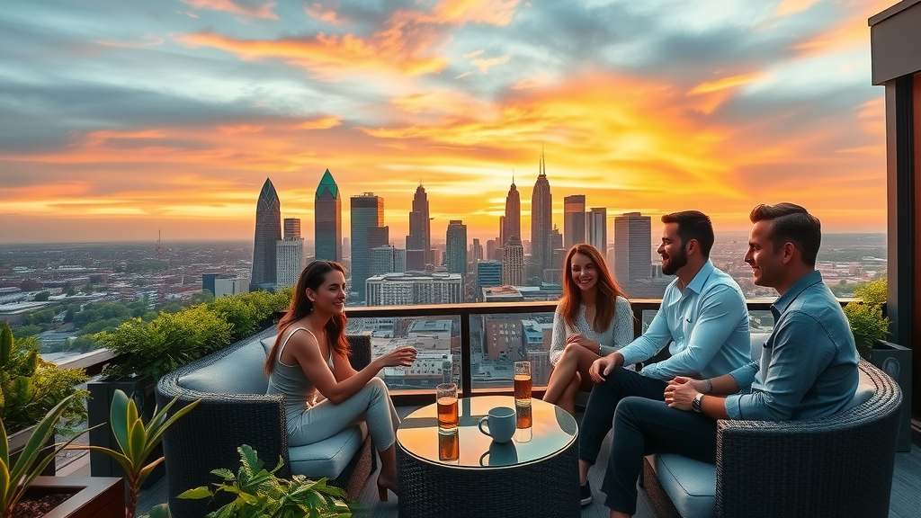 luxurious rooftop lounge overlooking Charlotte skyline with young professionals socializing and vibrant city view