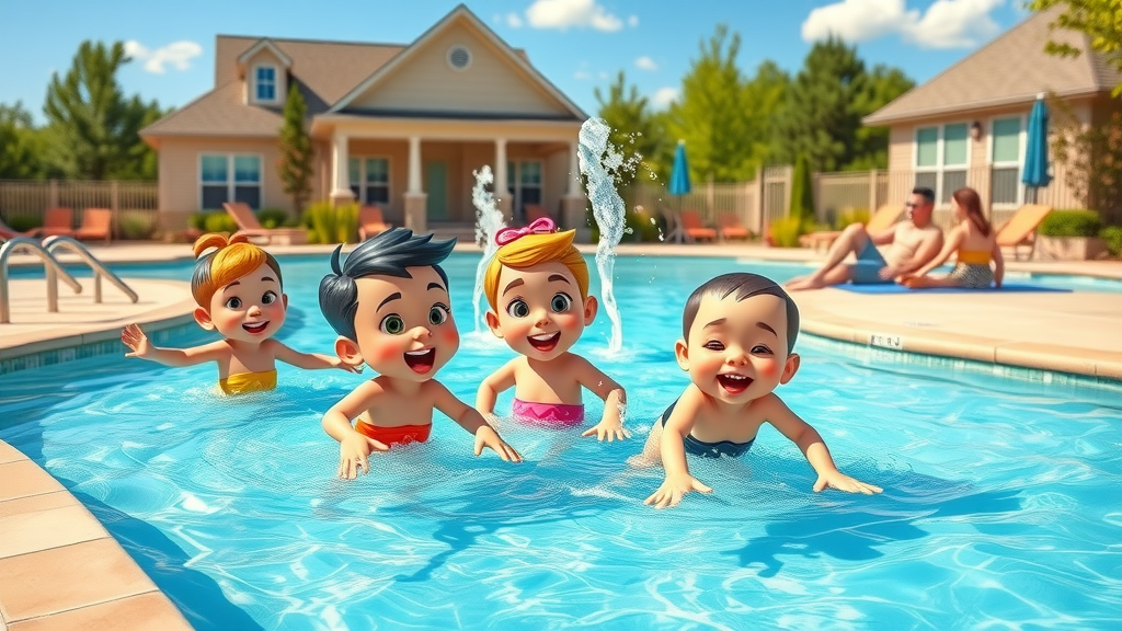 Highland Creek community family pool, family-friendly neighborhoods charlotte, children and parents enjoying splash pad and sun