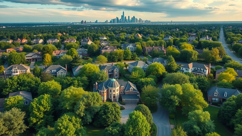Vibrant aerial view of Charlotte luxury real estate neighborhoods showcasing lush greenery, grand estates, and city skyline, photorealistic with elevated perspective