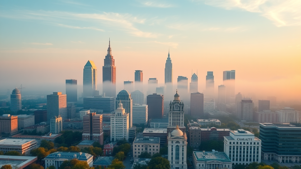 dynamic aerial view of Charlotte city skyline showing charlotte rental neighborhoods, modern skyscrapers and historic districts, bustling morning cityscape