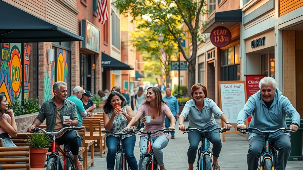 Rent in Charlotte: South End neighborhood, street-level view with boutique shops and murals