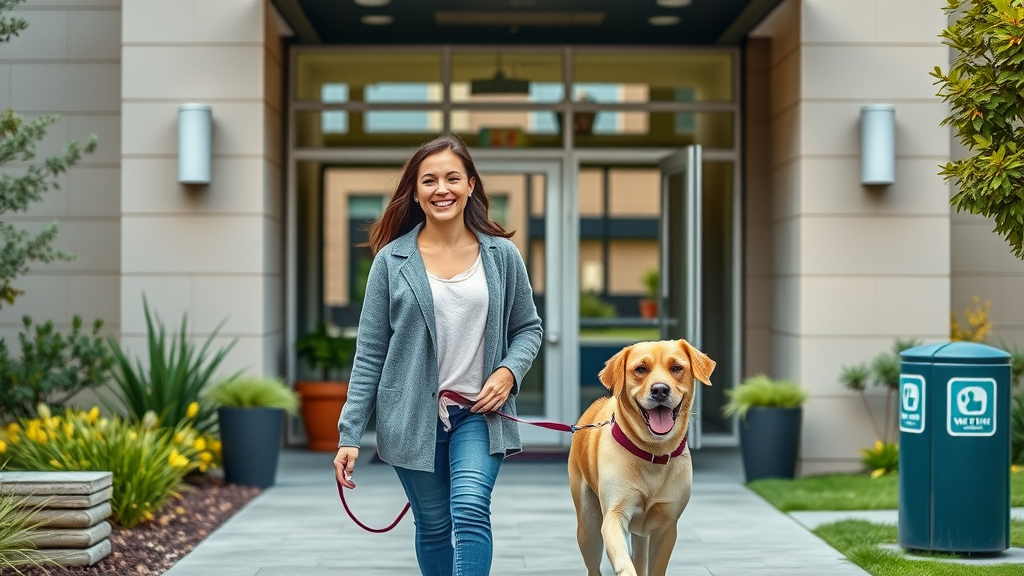 pet-friendly apartments Charlotte, young couple with dog entering modern apartment building, landscaped urban background, pet waste stations, cheerful and photorealistic