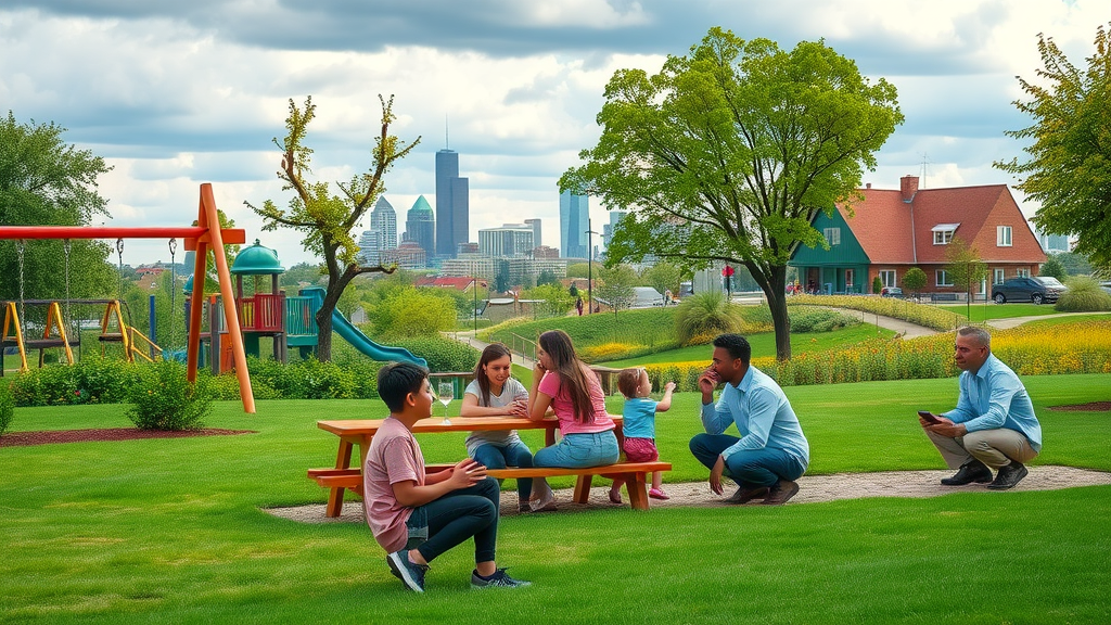 Picturesque community park in Charlotte, young families enjoying picnic, children on swings, family-friendly neighborhood, and rich green hues.
