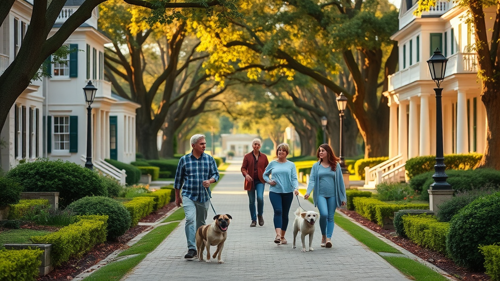 Myers Park grand historic homes manicured gardens families walking dogs tree-lined street Charlotte