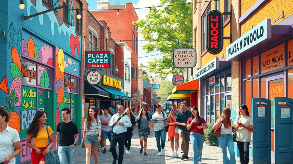 Colorful PLAZA Midwood mural, diverse crowds at music venue, charlotte neighborhood reviews, plaza midwood