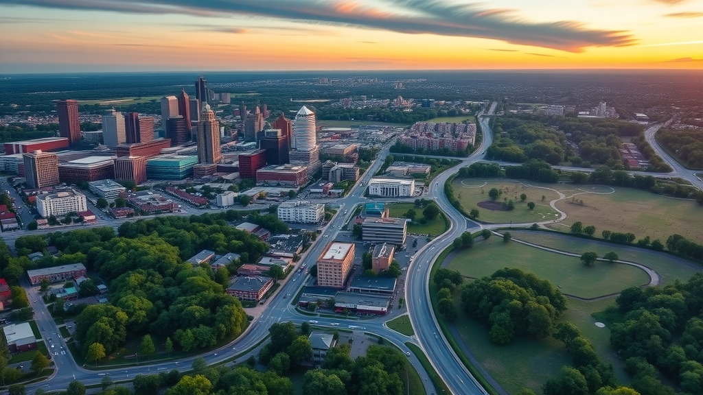 Aerial panoramic view of Uptown, South End, and Ballantyne Charlotte neighborhoods, urban and suburban contrast