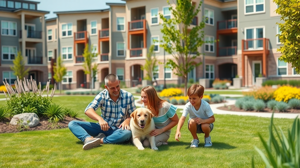 Creekridge on the Park affordable apartments Charlotte, happy family and children playing on landscaped grounds, vibrant greenery and modern buildings