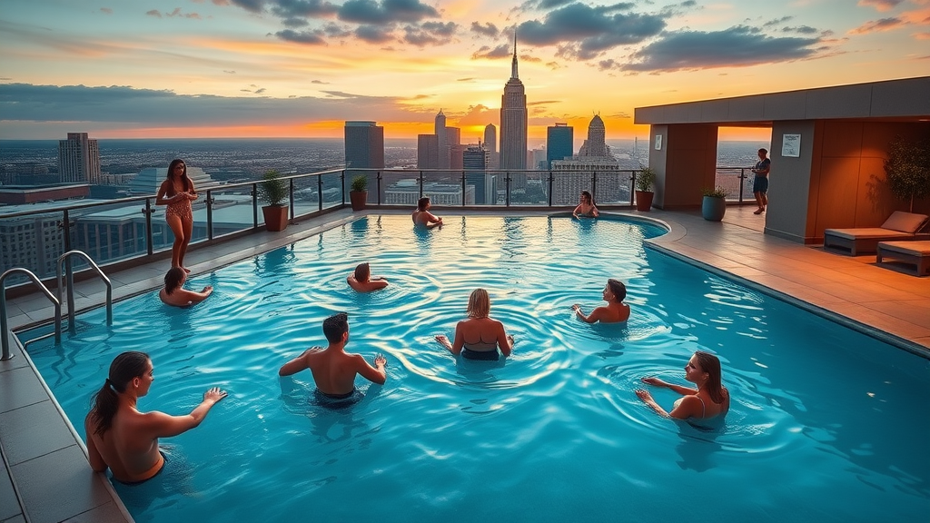 Charlotte luxury apartment rooftop pool and fitness center with panoramic skyline views at sunset, featured amenities at luxury apartments Charlotte NC