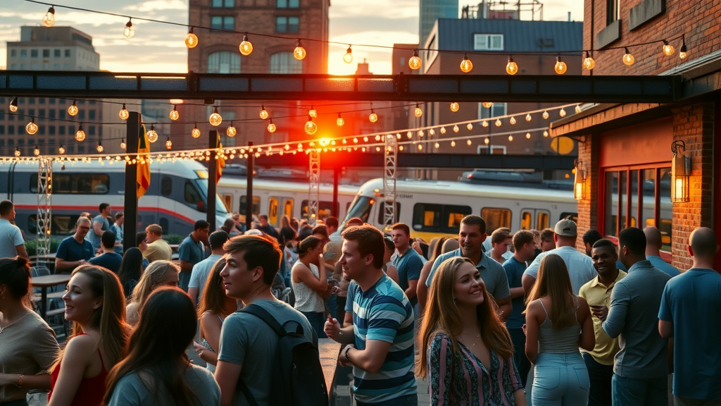 trendy South End Charlotte brewery, young adults socializing, modern industrial vibe, light rail in background, best for young professionals