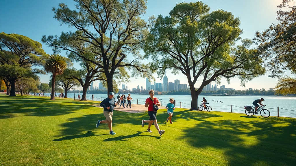 peaceful scene of Freedom Park in Charlotte with families, runners, cyclists and lush lawns