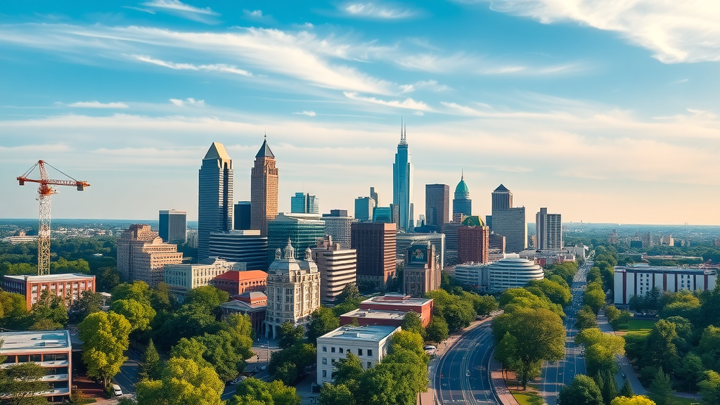 Vibrant aerial panorama of Charlotte NC apartment rentals and modern skyline, showing growing apartment towers in Charlotte North Carolina.