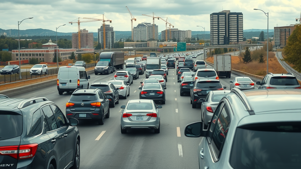 busy Charlotte highway with heavy traffic, apartment complexes, urban growth, living in charlotte neighborhoods, cranes, photorealistic