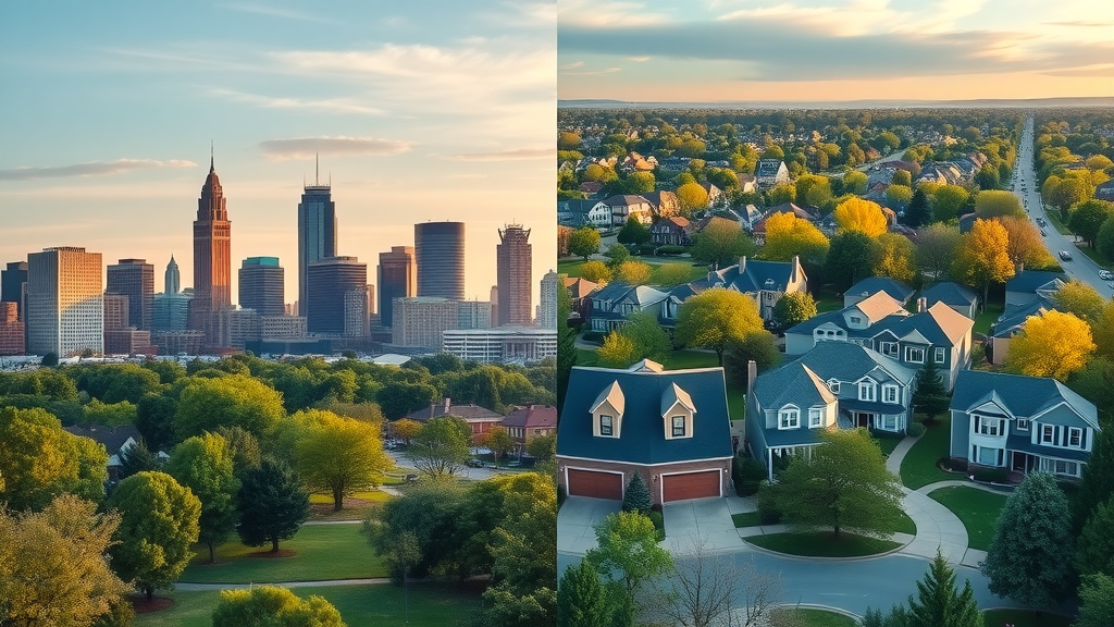 side-by-side depiction of Uptown Charlotte skyscrapers and suburban homes, families playing, city skyline fades into leafy suburbs. Main keyword: urban neighborhood vs suburban charlotte.