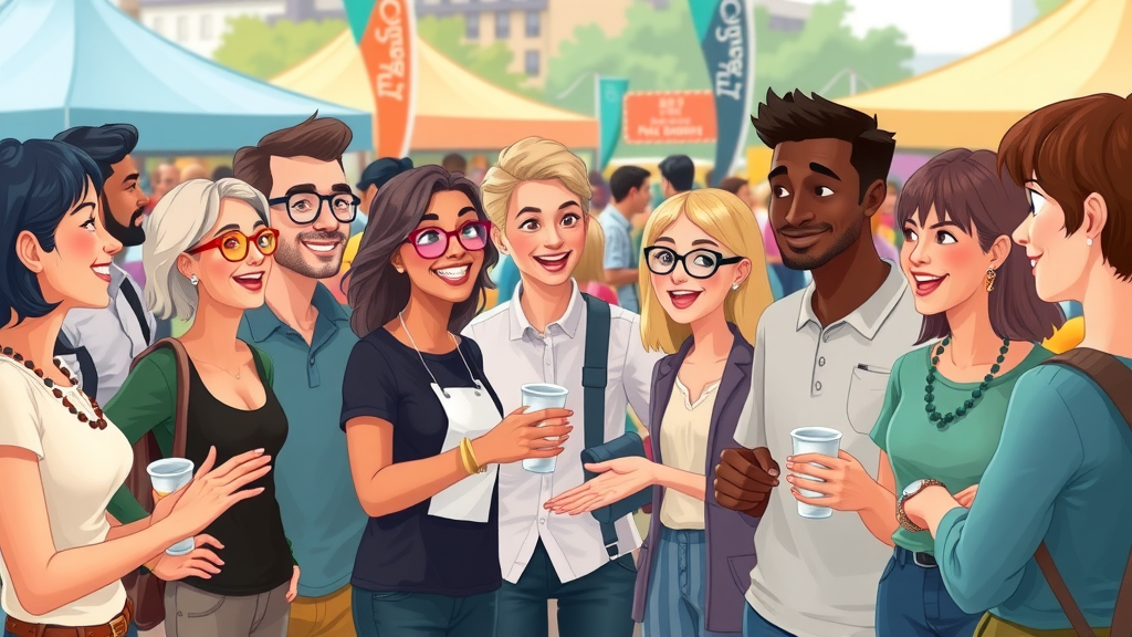 charlotte community guide: Diverse adults at a lively community festival, engaging, playful illustration, bright city banners