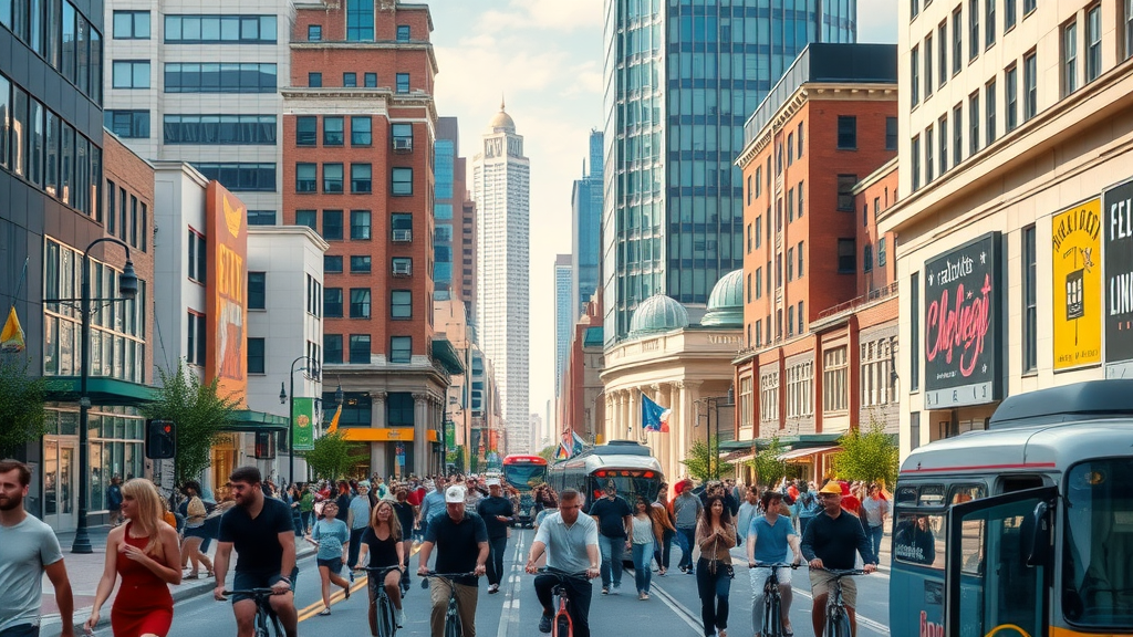 urban living charlotte nc vibrant cityscape with people walking, cycling, and streetcars, modern and historic buildings