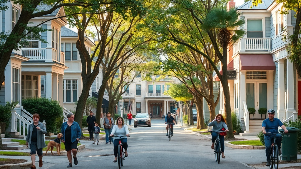 Charming residential street in charlotte nc rental market with families, cyclists, and lively sidewalk activity