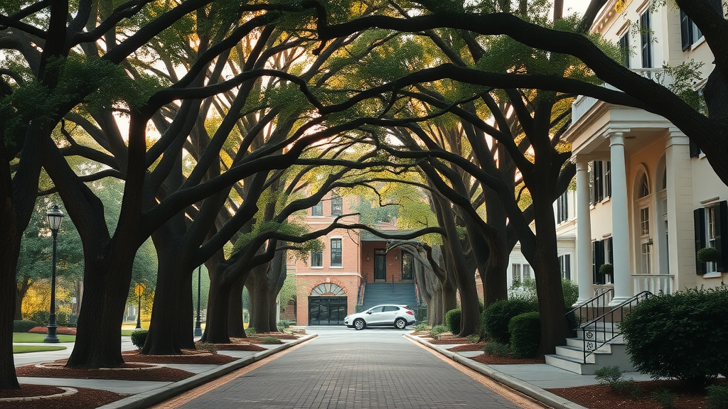 Tree-lined street in Myers Park Charlotte, historic luxury homes with Southern architecture, elegant and peaceful